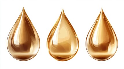 Poster - Three golden drops of liquid on a white background in a studio shot with a high angle view and clean style