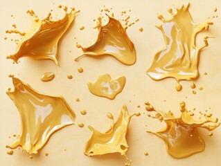 Poster - Golden liquid splashes in dynamic forms against a soft cream backdrop creating a captivating visual effect with a smooth texture and a clean studio shot