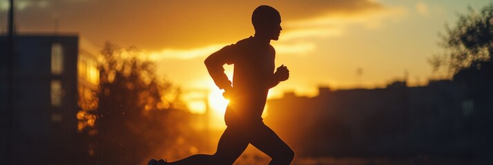Poster - Dynamic runner sprints at sunrise with golden rays illuminating the scene