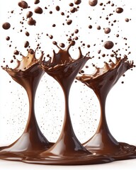 Poster - Decadent Chocolate Cascade Abstract Art Dynamic Splashes and Droplets on White Background Sweet Indulgence Delicious Treat Food Photography