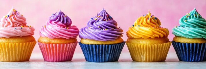 Aufkleber - Delicious collection of colorful cupcakes with neon icing and rainbow sprinkles in a vibrant bakery setting