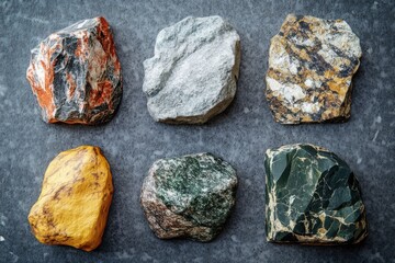 Poster - Diverse rock collection on gray textured surface showcasing unique colors patterns and geological formations for scientific study and education