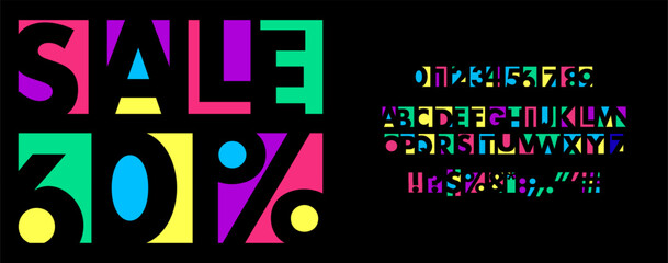 Leinwandbilder - Geometric Bright Font, Color Paper Cut Letter, Art Creative Alphabet for Sale, Discount text, Children Healine, Education Text, Kid Sticker Ransom Typograpy Design. Vector Typeset