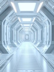 Poster - Futuristic spaceship interior with bright light illuminating the long corridor in clean white tones