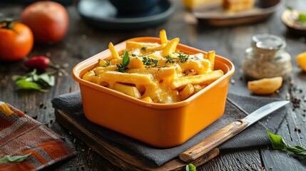 Aufkleber - Crispy fries topped with golden cheese sauce served in an orange container perfect for a cozy snack at a casual eatery