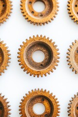 Poster - Aged cogwheels arranged on a white surface creating a pattern of rusty mechanical parts and industrial design elements