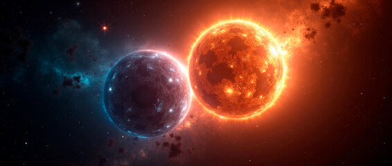 Wall Mural - two planets touch — one icy blue, the other blazing orange, like cosmic opposites.