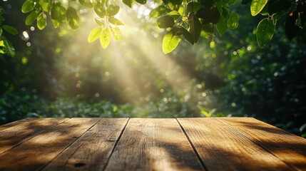 Poster - Rustic wooden table with sunlit leaves in a serene forest backdrop evoking a sense of natural beauty and tranquil outdoor ambiance for product display