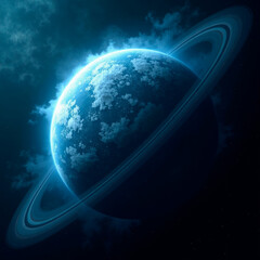 Wall Mural - a cloudy blue planet encircled by rings glows in the deep blue of space.