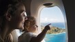 © xbzz - Mother and Child on Airplane Gaze at Scenic Island View Through Window