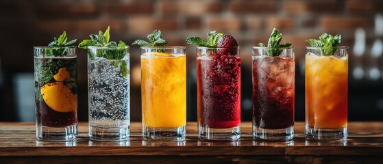 Poster - Refreshing colorful cocktails arrayed on wooden bar top with brick background and mint garnish in eye level shot