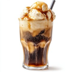 Poster - Delicious Root Beer Float with Vanilla Ice Cream and Caramel Drizzle in a Glass on White Background