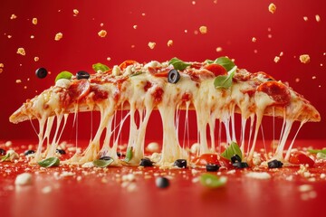 Poster - Delicious pizza slice with gooey cheese and vibrant toppings captured in high-speed photography