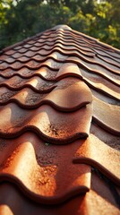Poster - Detailed View of Rustic Clay Roof Tiles Warmth and Texture with Soft Sunlight and Green Background