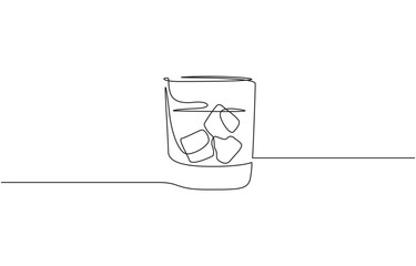 Aufkleber - One continuous single drawing line art flat doodle whiskey, One continuous single line of hand drawn Whiskey glass with ice cubes in it isolated on white background.