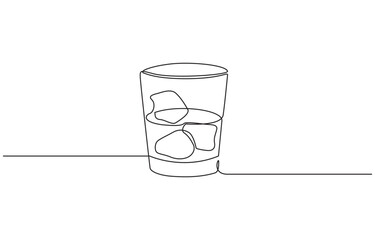 Aufkleber - One continuous single drawing line art flat doodle whiskey, One continuous single line of hand drawn Whiskey glass with ice cubes in it isolated on white background.