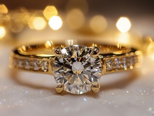 Poster - Luxurious golden ring with brilliant diamond center stone on glittering surface with soft bokeh background