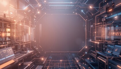 Poster - Futuristic technology interface display virtual environment digital artwork modern interior wide angle data visualization concept