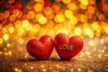 Poster - A bright red heart of golden star light celebrates romantic love on a red holiday backdrop. red heart on red background