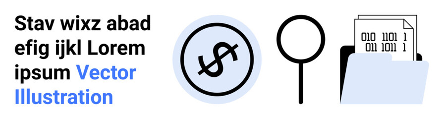 Folder holding binary code files, magnifier inspecting, and dollar symbol in a circle. Ideal for finance, technology, coding, file management, data security, research simple landing page