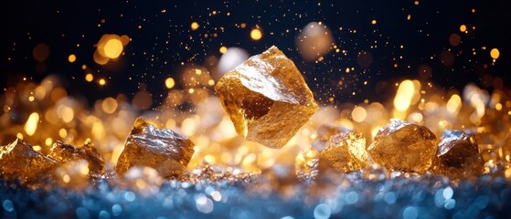 Poster - golden nuggets sparkling on a glittering surface with bokeh lights creating a magical atmosphere for