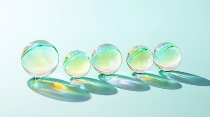 Poster - Translucent glass spheres reflect light with colorful iridescent highlights on a teal background