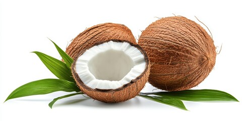 Leinwandbilder - Three Coconuts Against a White Background with Leaves and Natural Texture