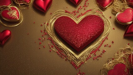 Poster - A red heart adorned with golden rings, hearts, and ornaments, a symbol of love and celebration, perfect for a Valentine's Day greeting