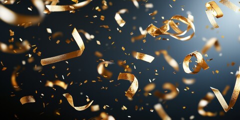 Poster - Golden Confetti and Ribbon Streamers Floating in Celebration, Event Backdrop