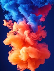 Poster - Ethereal plumes of vibrant blue and orange paint swirling in dark water creating a mesmerizing abstract composition with dynamic movement and flowing texture