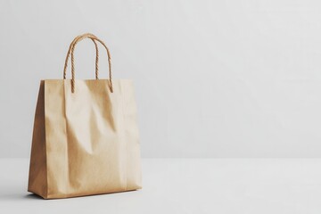 Poster - Minimalist brown paper bag on white surface capturing the essence of sustainable shopping and modern retail with soft light and clean background