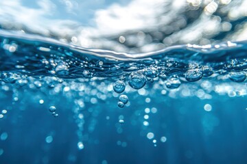 Poster - Captivating underwater scene showcasing crystal clear water with rising bubbles creating a serene aquatic ambiance and abstract bokeh
