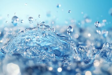 Poster - Captivating Close Up of Water Splash with Dynamic Movement and Sparkling Light on a Serene Blue Background