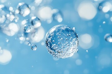 Poster - Macro shot of clear water bubbles against a soft blue background showcasing purity freshness and cleanliness with a calming and serene visual mood