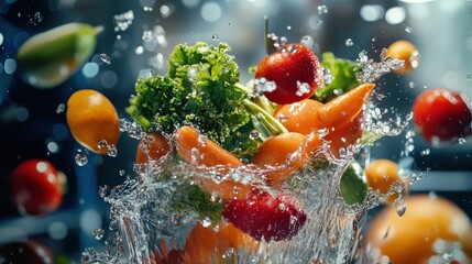 Aufkleber - Dynamic splash of fresh vegetables and fruits with vibrant colors and water droplets in mid-air showcasing culinary freshness and vitality