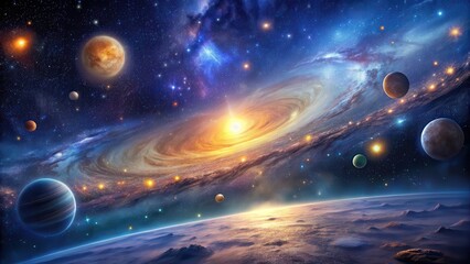 Poster - A dark blue planet floats in the abstract cosmos, its light reflecting from distant stars in the vast night sky