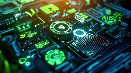 Poster - Creative engine background blends petrol symbols with vibrant green renewable energy icons, showcasing bold colors and a powerful energy theme