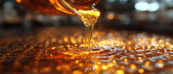 Poster - Golden liquid cascade in mesmerizing detail capturing the essence of honey or oil with bokeh light and shallow depth of field creating a captivating visual