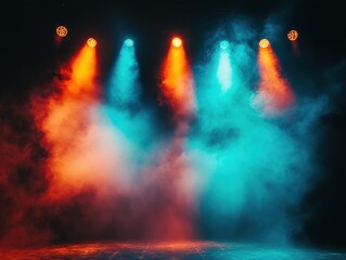 Poster - Dramatic stage with vibrant orange and blue spotlights illuminating smoke creating an atmospheric scene