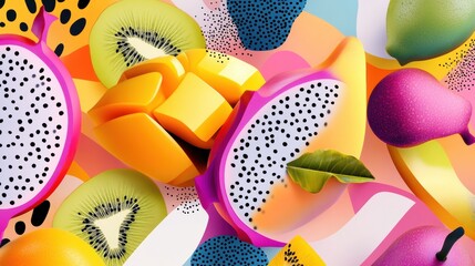 Fototapete - Bright tropical fruits create a vibrant food-inspired background with a modern artistic flair featuring mango, dragon fruit, and kiwi