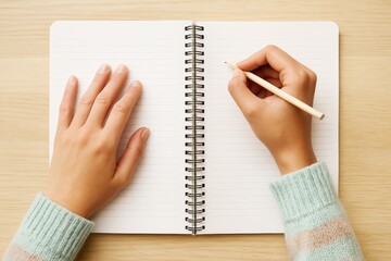 Aufkleber - Hands writing with pencil in spiral notebook on wooden desk, light background, concept of planning, journaling, or business organization.