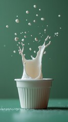 Poster - Dynamic Milk Splash in White Ramekin Against a Serene Green Backdrop Capturing Liquid Motion and Creamy Texture with a Clean Minimalist Style