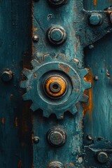 Poster - Detailed close up of a weathered metallic gear with rust and bolts in a steampunk style industrial setting dark moody