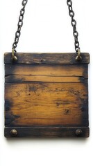 Poster - Rustic Wooden Sign Hanging from Chains Isolated on White Background for Creative Design Projects