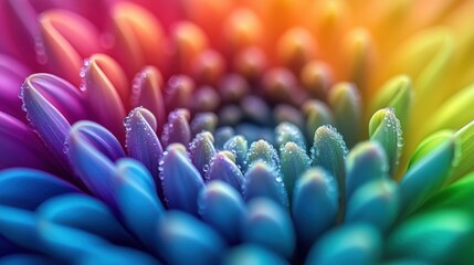 Poster - Vivid floral close up showcasing rainbow hues and delicate water droplets on petals in soft focus style