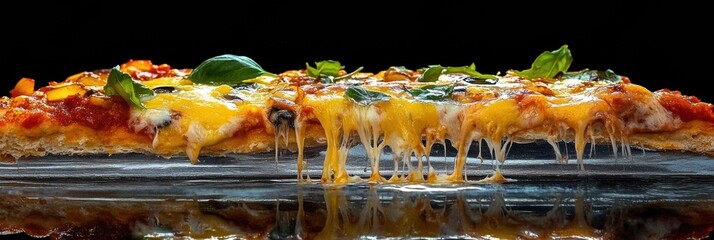 Poster - Delicious pizza slice with gooey cheese and vibrant toppings in high-speed capture showcasing irresistible stretch and flavor