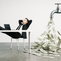 Aufkleber - Businessman relaxing at desk while cash flows from faucet onto floor symbolizing passive income and financial freedom on light background.