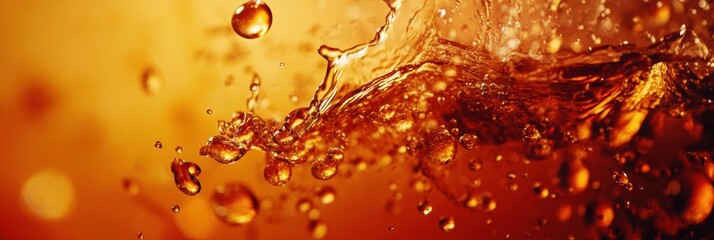 Poster - Dynamic splash of fizzy soda droplets captured in ultra HD with vibrant orange and red tones reflected in the air