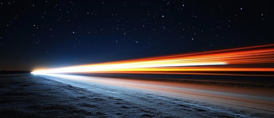 Poster - Dynamic Light Trails Streaking Across Night Sky Above Dark Landscape Capturing Motion and Energy with Starry Backdrop and Futuristic Style