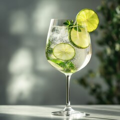 Poster - Refreshing gin and tonic with lime slices and thyme sprig in a wine glass on a gray surface against a soft light background